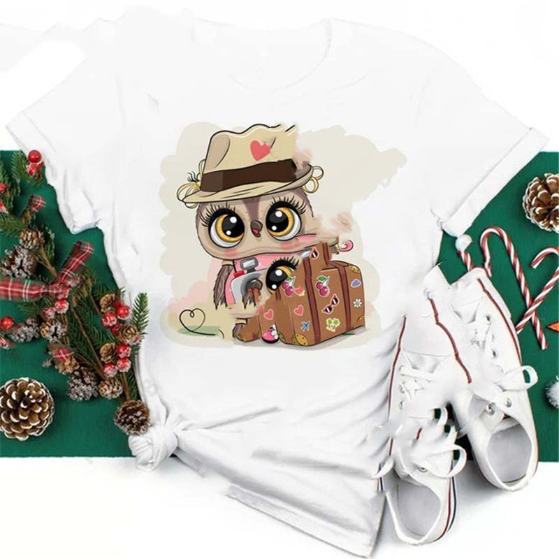 Christmas Penguin Owl Print Women's Black T-Shirt