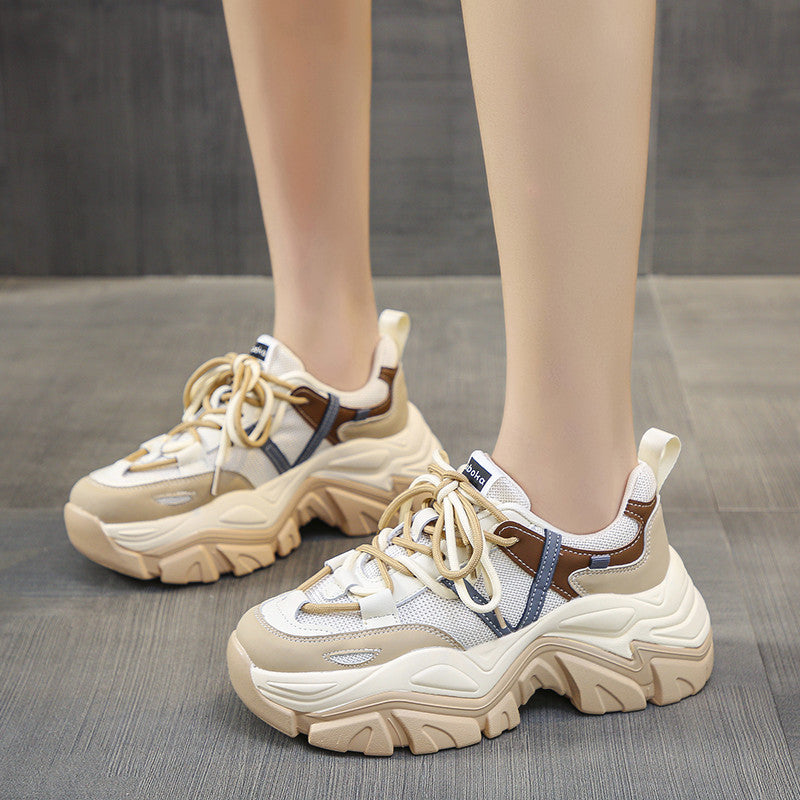 Leather Women's Thick Sole Single Mesh Breathable Casual Sneakers