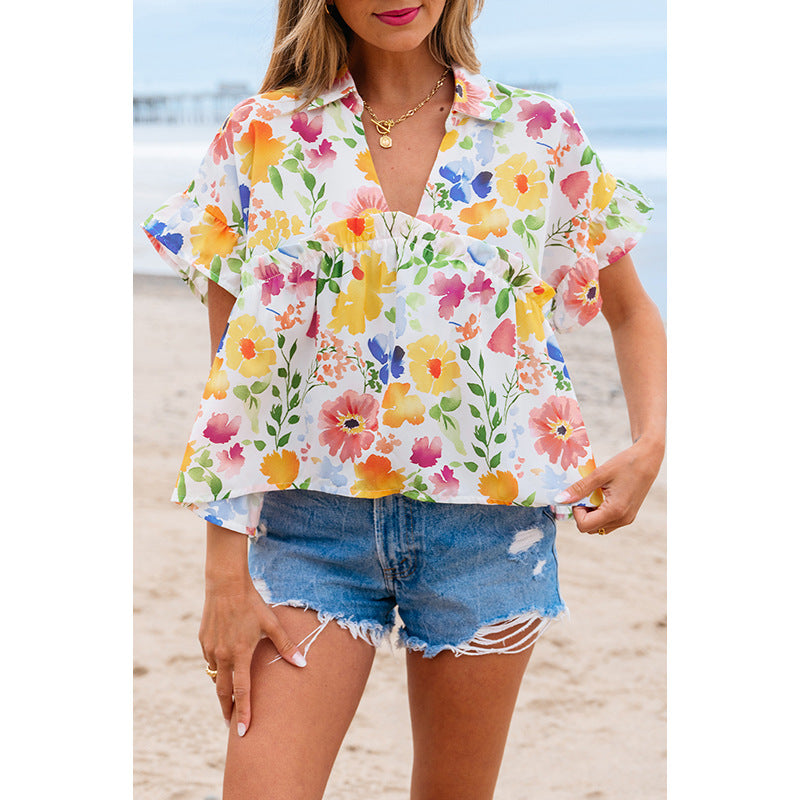 European And American Fashion Floral Printed V-neck Pullover