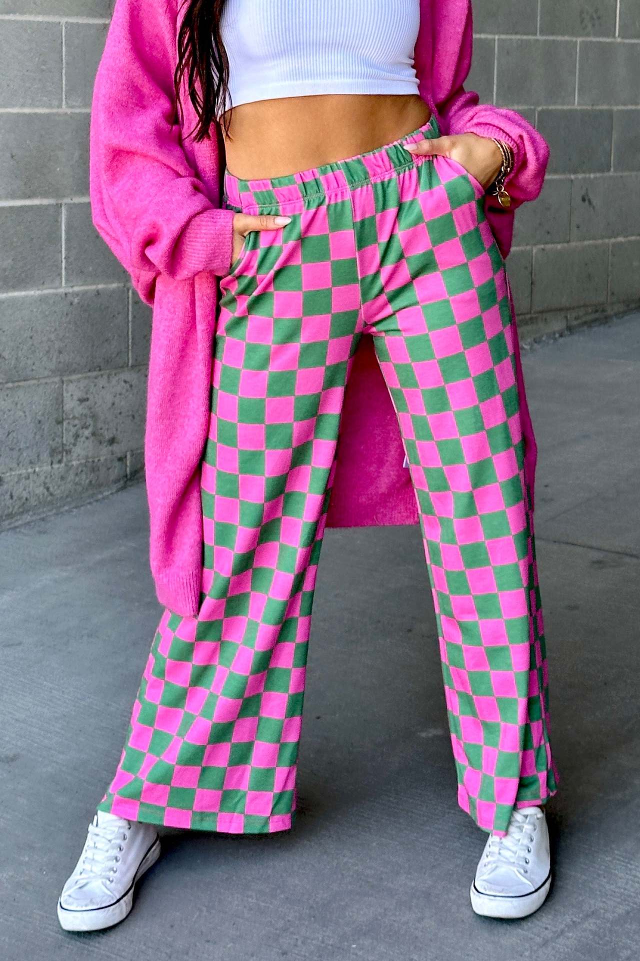 Chessboard Plaid Printed Women's High Waist Wide-leg Casual Pants