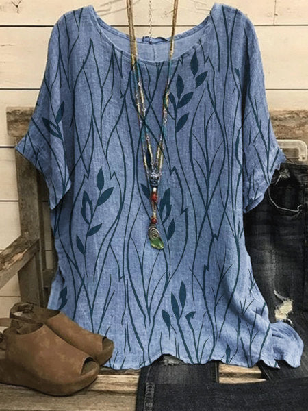 Women's Round Neck Printed Loose Cotton Linen T-shirt Top