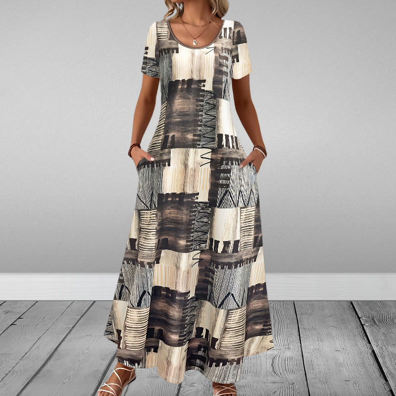 Round-neck Short-sleeve Printed Dress With Patch Pockets