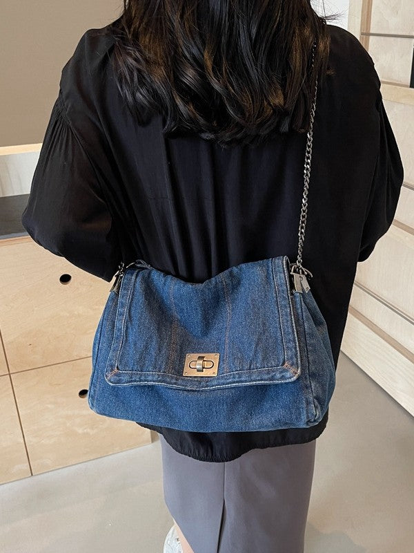Alsidig Denim Tote Til Kvinder  Smart Crossbody Taske Med Kædestrop, Rummelig Hverdags- Og Arbejdstaske