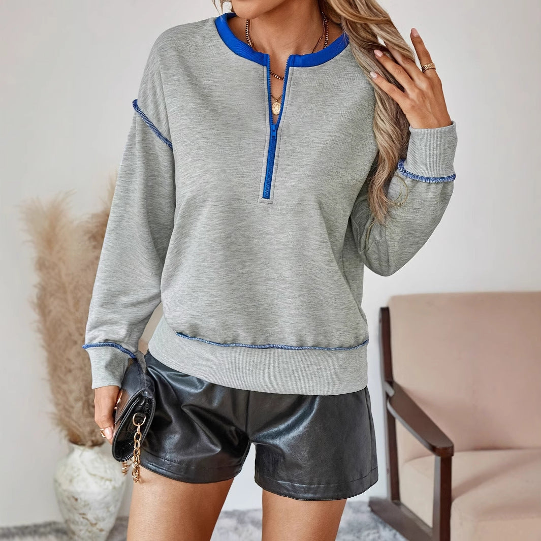 Women's Casual Fashion Color Contrast Edge Zipper Cuff Hoodie