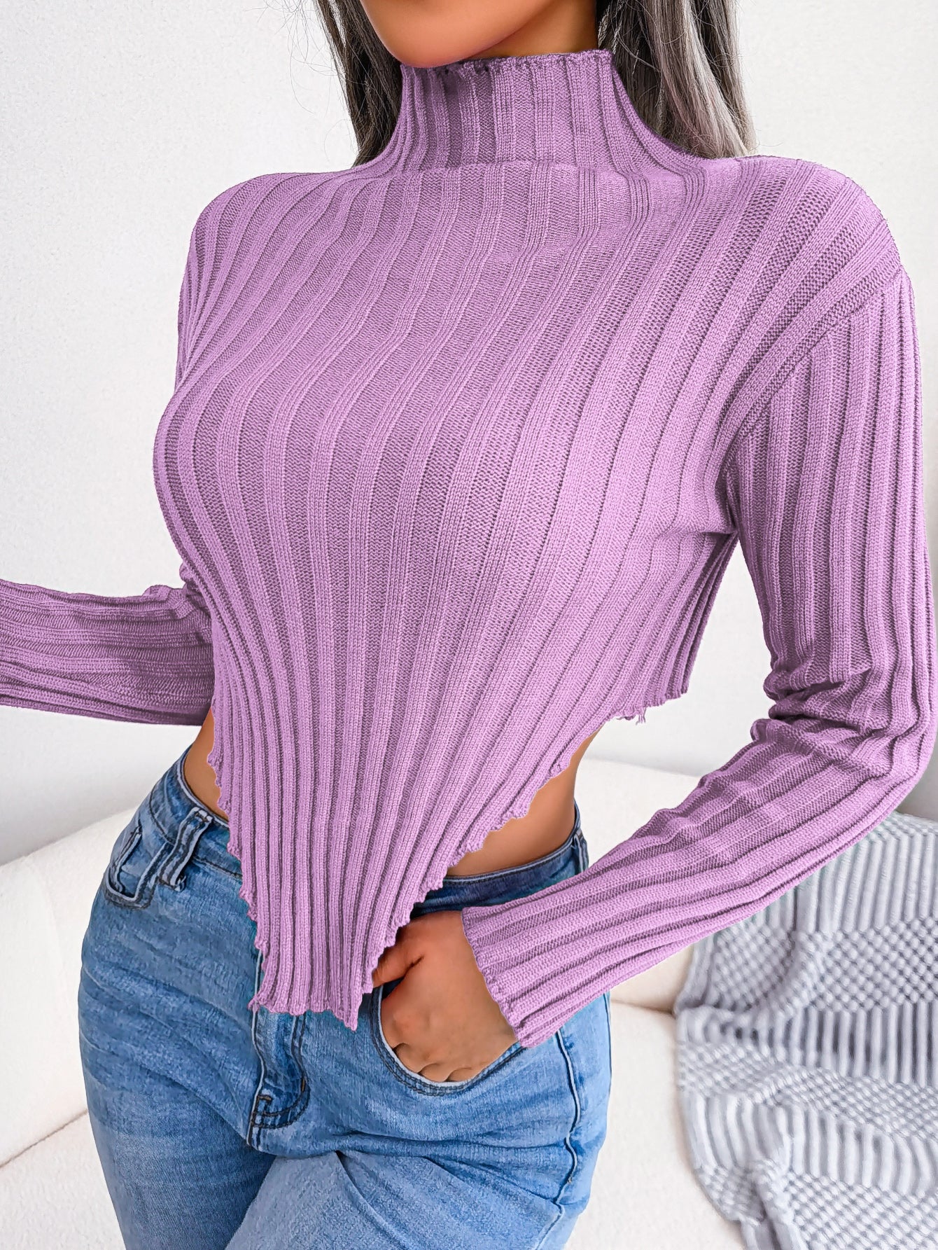 Women Sexy Half Turtleneck Asymmetric Long Sleeve Knit Top