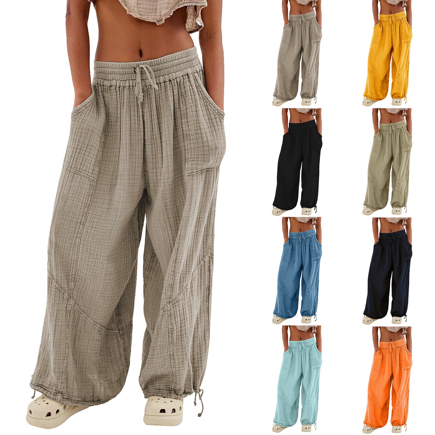 Women's Fashion Solid Color Lace-up Pocket Wide Leg Pants