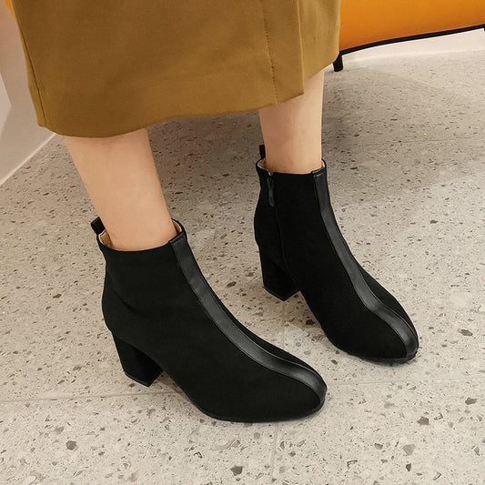 Women's Suede Martin Boots With Square Toe Block Heel