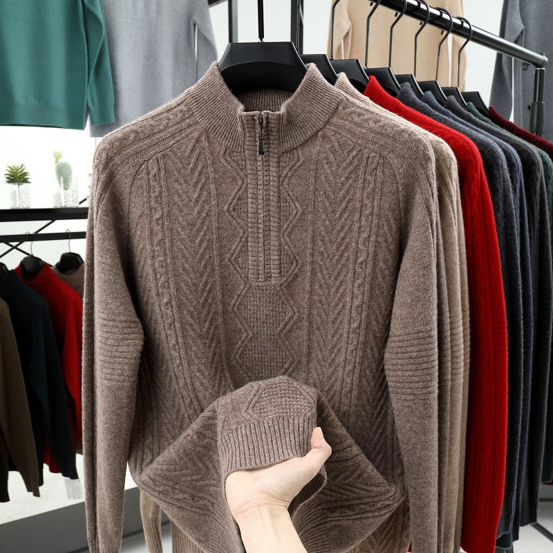 Wool  Men's Sweater Half Turtleneck Zipper Sweater
