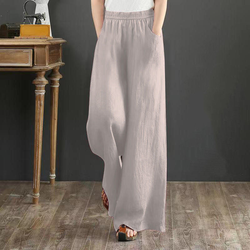 Pure Linen Plus Size Wide Leg Pants Women Drawstring Elastic