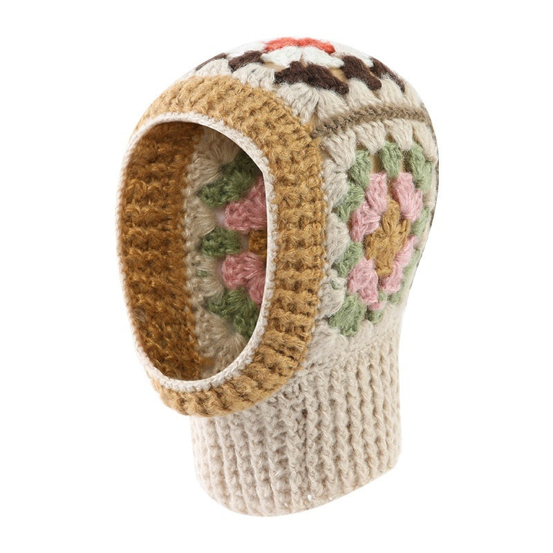 Winter Korean Style Handmade Crochet Contrast Color Flower Balaclava