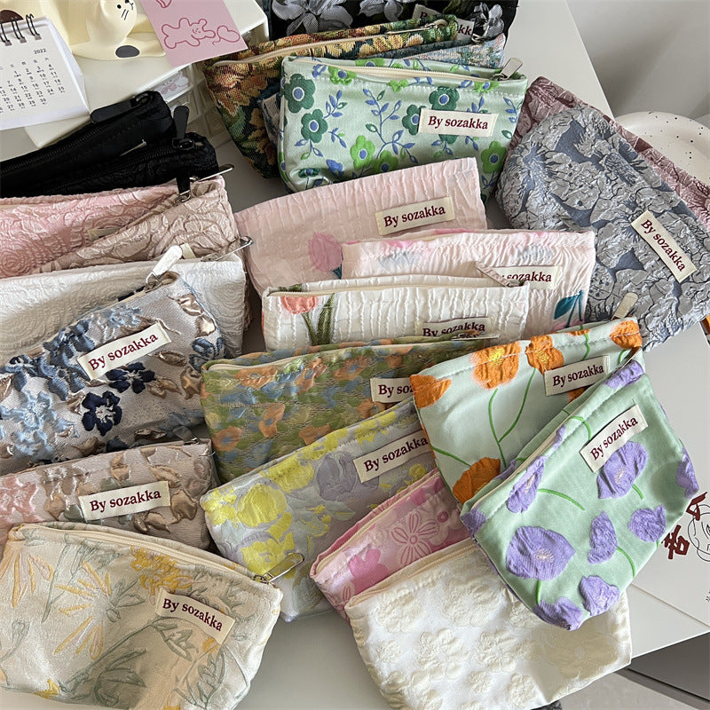 French Relief Flower Makeup Simple Portable Handbag Casual Mobile Phone Handheld Bag