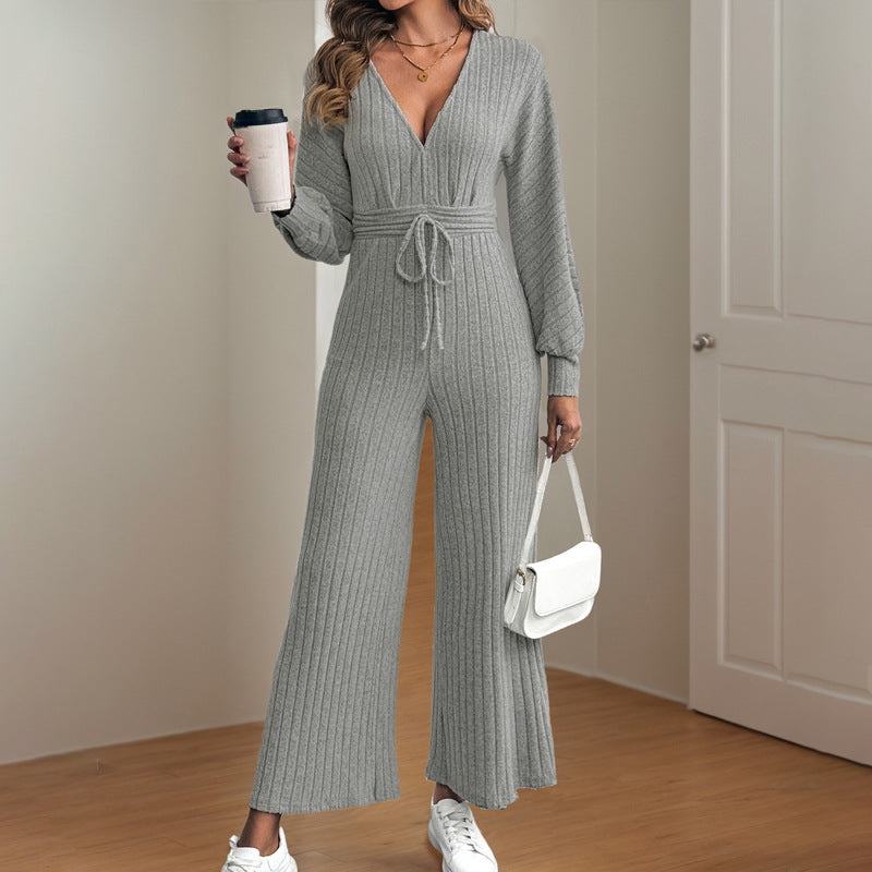 V-neck Lace-up Batwing Sleeve Solid Color Wide Leg Jumpsuit