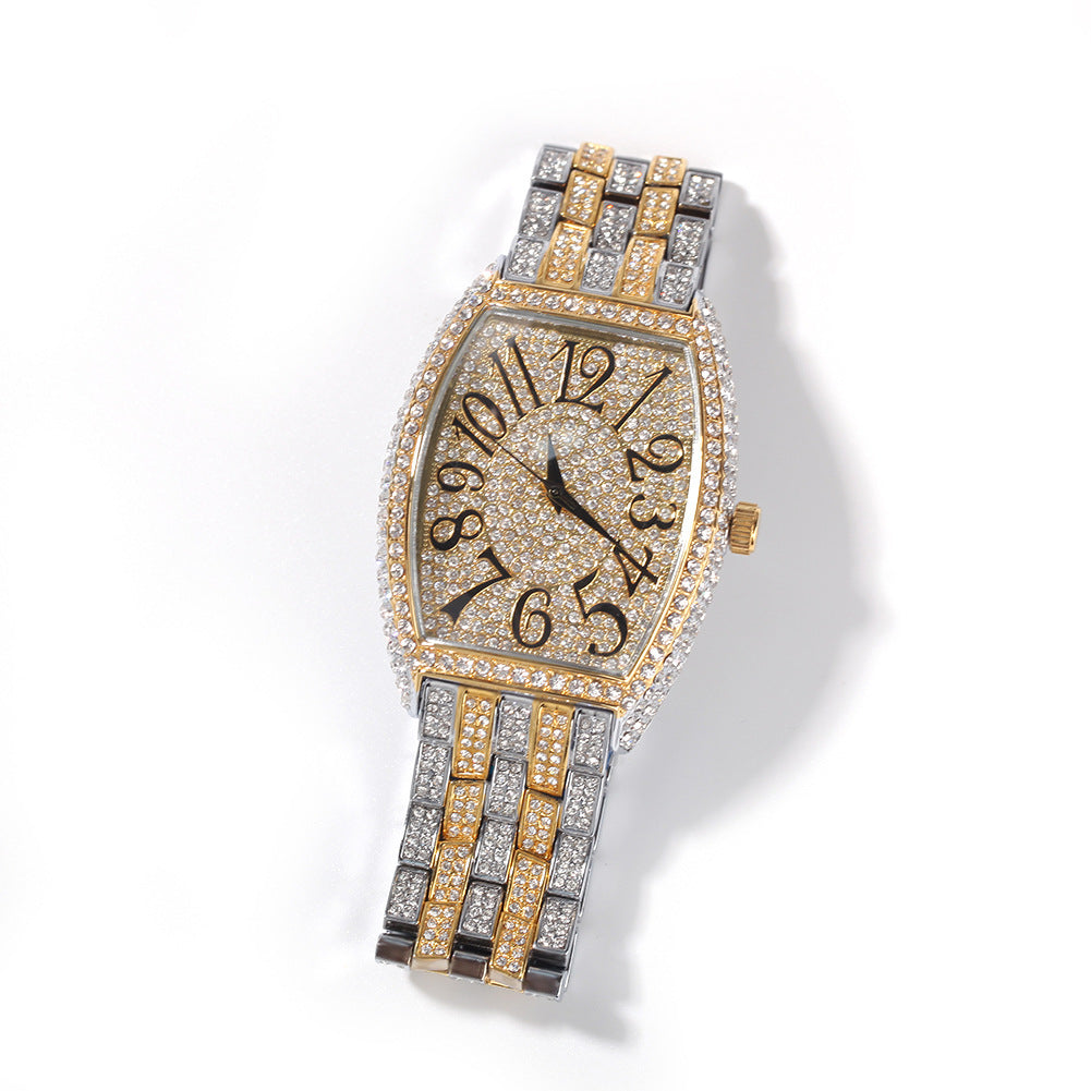 Large tonneau-shaped dial with full diamonds