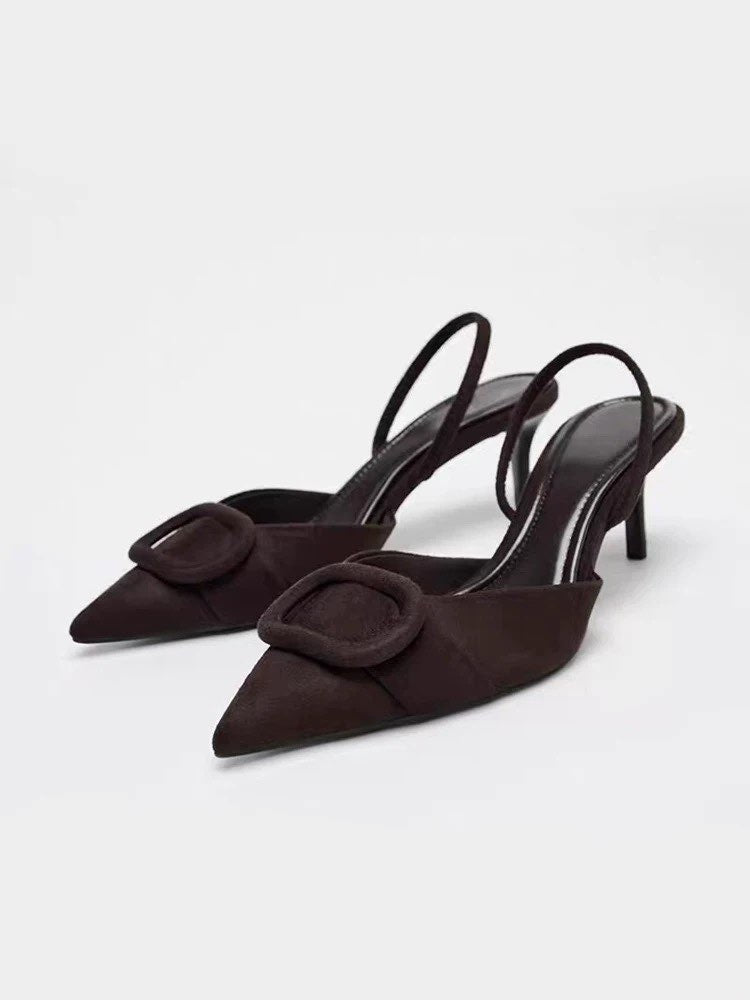 Spring New Arrival Women's Square Buckle Pointed Toe High Heels, Closed Toe Backless Mules Sandals In Brown