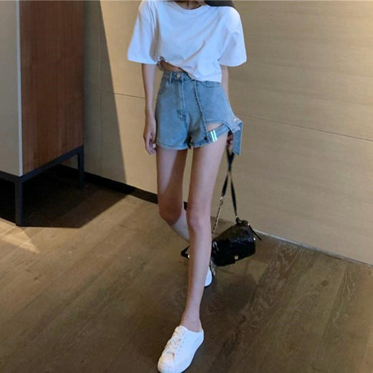irregular high waist denim shorts