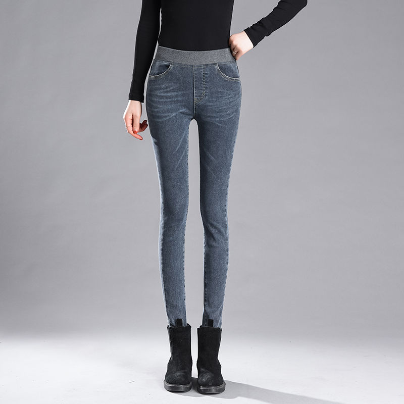 Women's warm stretch and velvet elastic waist jeans for winter