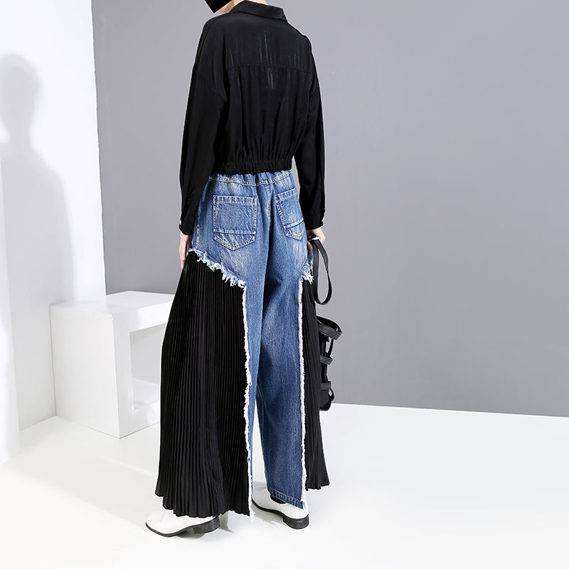 Jeans stitching chiffon wide-leg pants