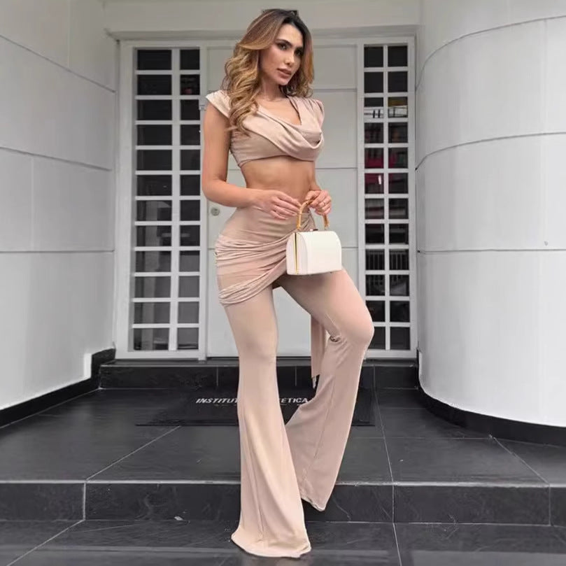Summer New Women's Fashion Personality Slim Pleated V-neck Short Crop Top Hip-hugging Casual Suit