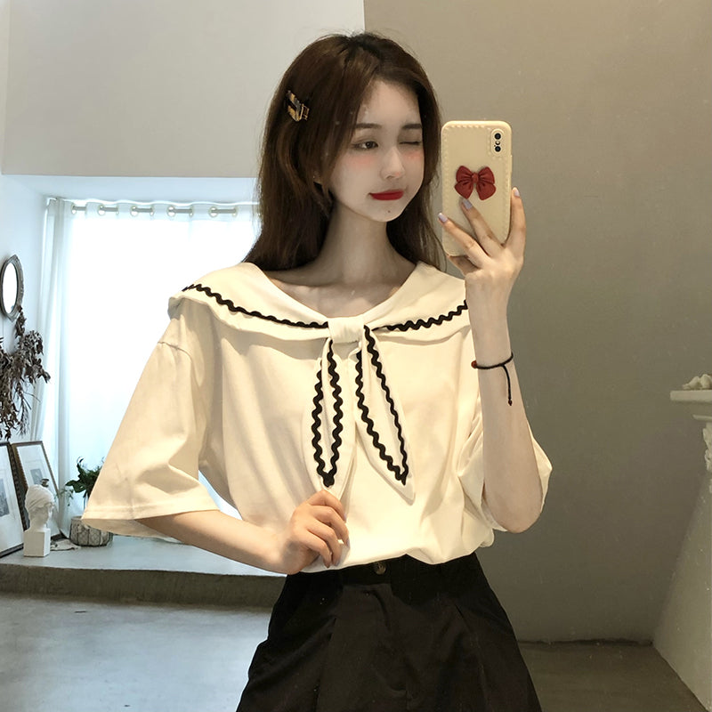 Short Sleeve Navy Collar Sweet Chic Top Prep Style