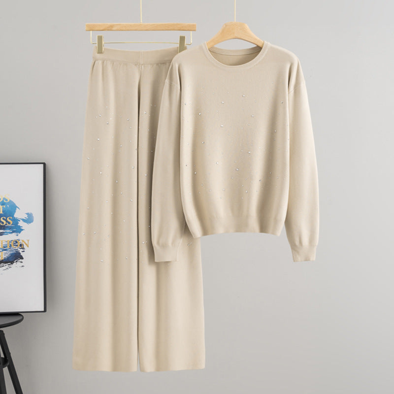 Starry Hot-Stone Round-Neck Pullover Knit Set