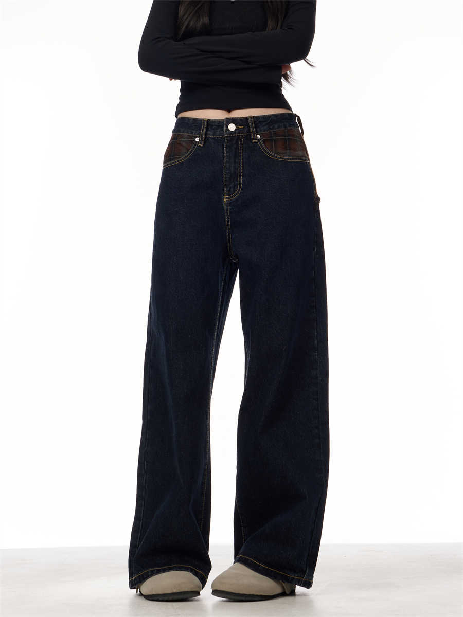 Retro Patchwork Plaid Blue Jeans For Women Loose Straight Trousers