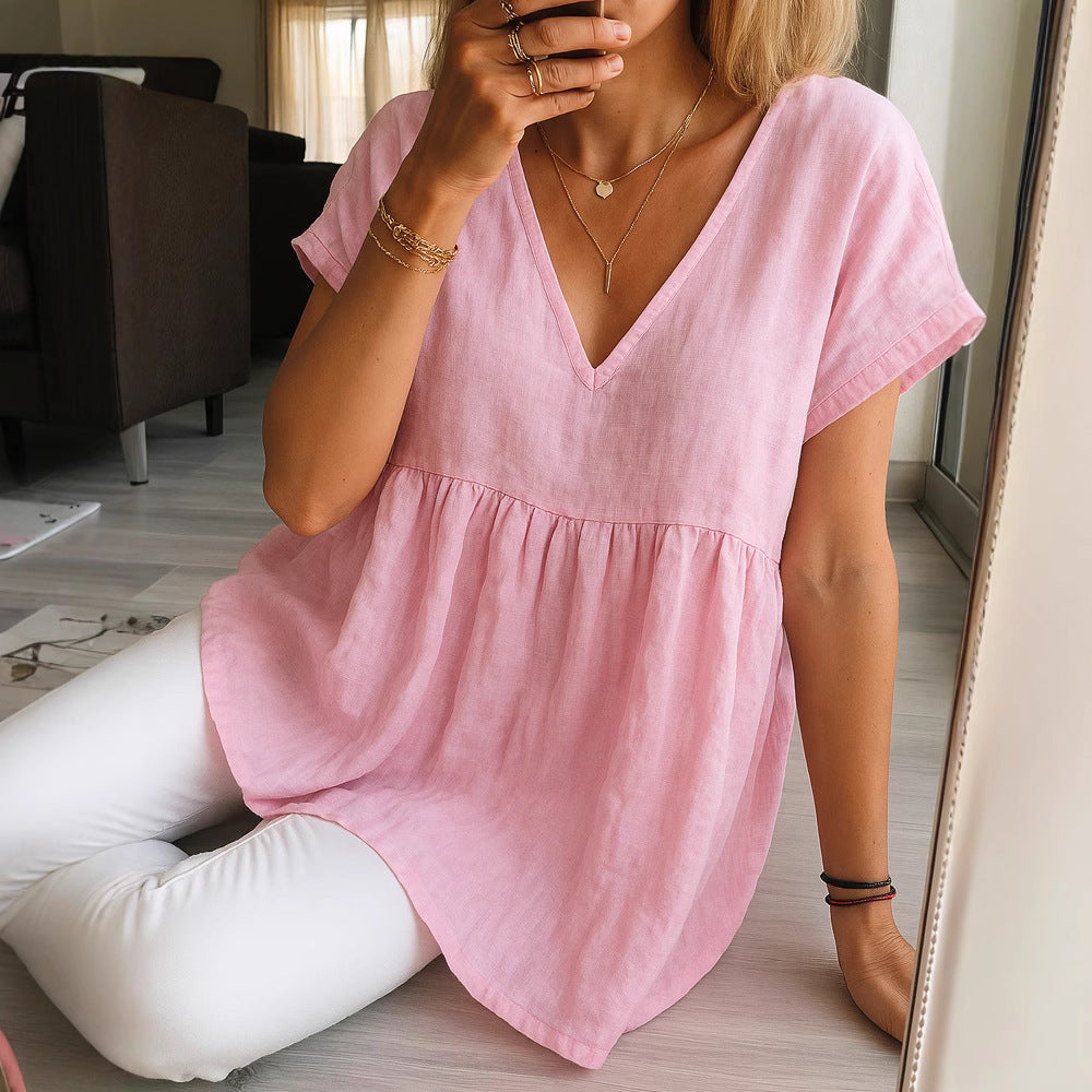 Women's Casual Loose-Fit Fashion Cotton-Linen Short-Sleeve Top