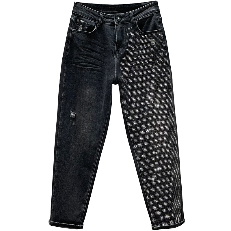 Loose Jeans Women's Cotton Elastic High Waist Slimming Hot Rhinestones