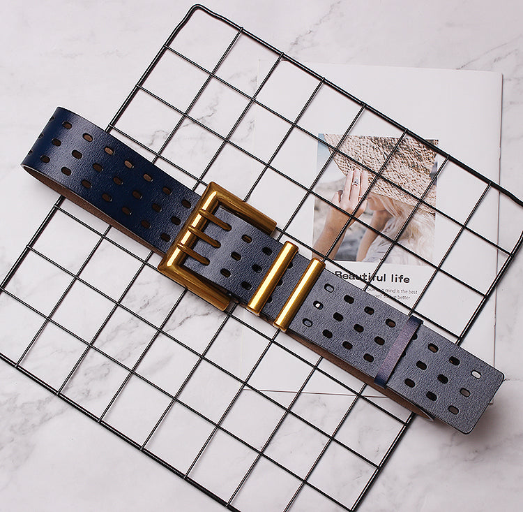 Women's Solid Color Metal Leather Wide Belt