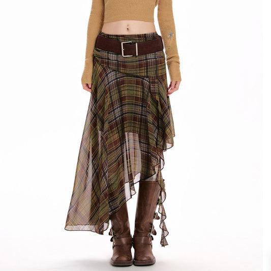 Green Chiffon Plaid Asymmetrical Skirt