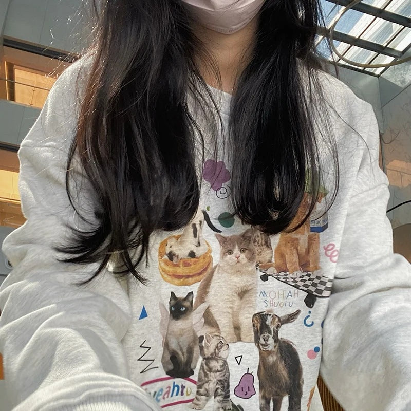 Mælk Kat Trykt Sweatshirt Efterår Vinter Langærmet Mode