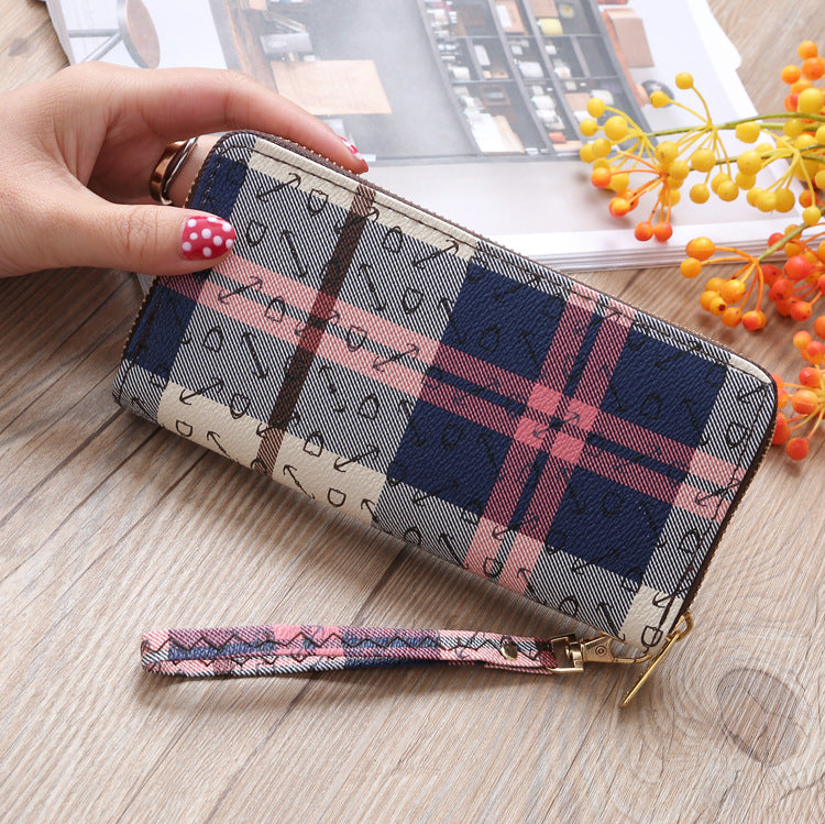 Plaid long single pull wallet mobile phone bag