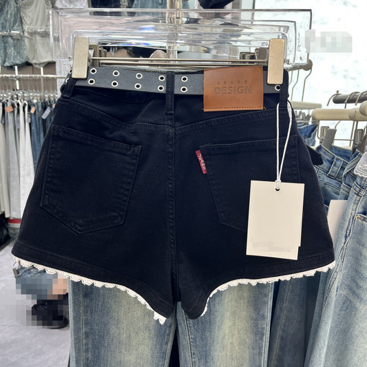 Lace Edge Stitching Sweet Chic Denim Shorts