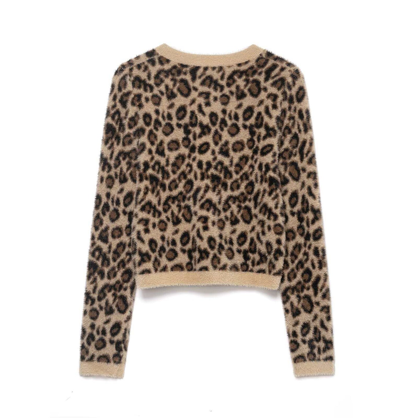Retro Leopard-Print Crew-Neck Cropped Knitted Sweater