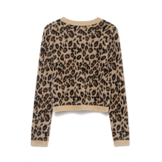 Retro Leopard-Print Crew-Neck Cropped Knitted Sweater