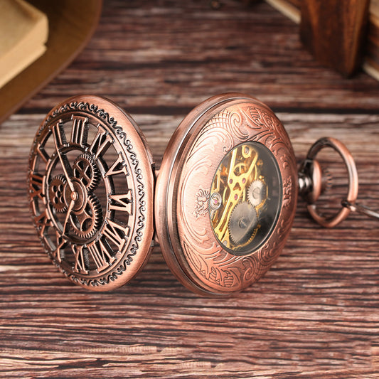 New Retro Flip Hollow Necklace Pocket Watch Red Copper Hollow Gear Roman Face