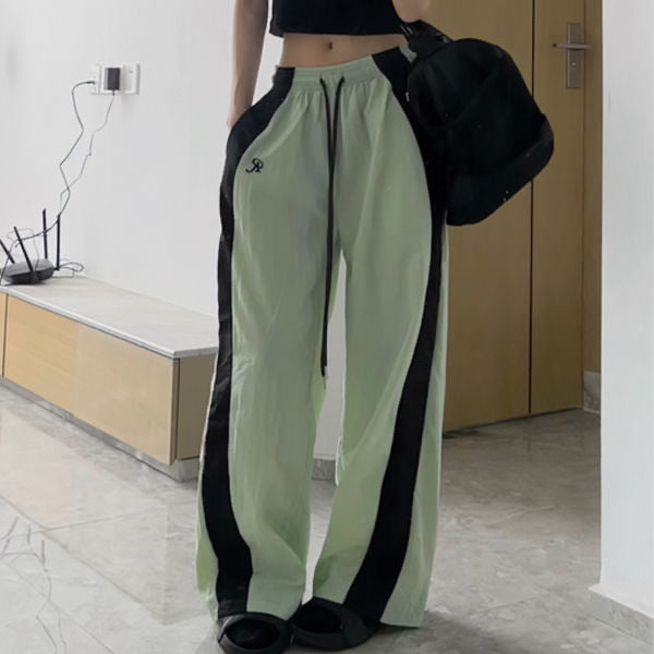 Contrast Patchwork Loose Casual Drawstring Wide-leg Pants