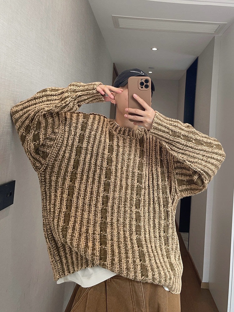 Mens AutumnWinter Retro All-Match Loose Khaki Green Cabled Double-Face Crew-Neck Distressed Thick Sweater