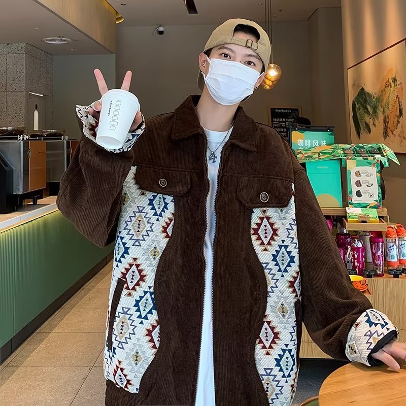 American Retro Ethnic Style Stitching Lapel Corduroy Jacket Design Sense Baseball Collar Coat