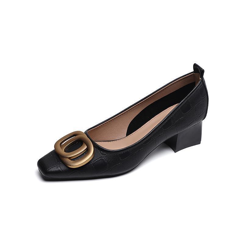 Franske firkantede damesko Arbejdssko Temperament Fe-stil Pumps Chunky hæl