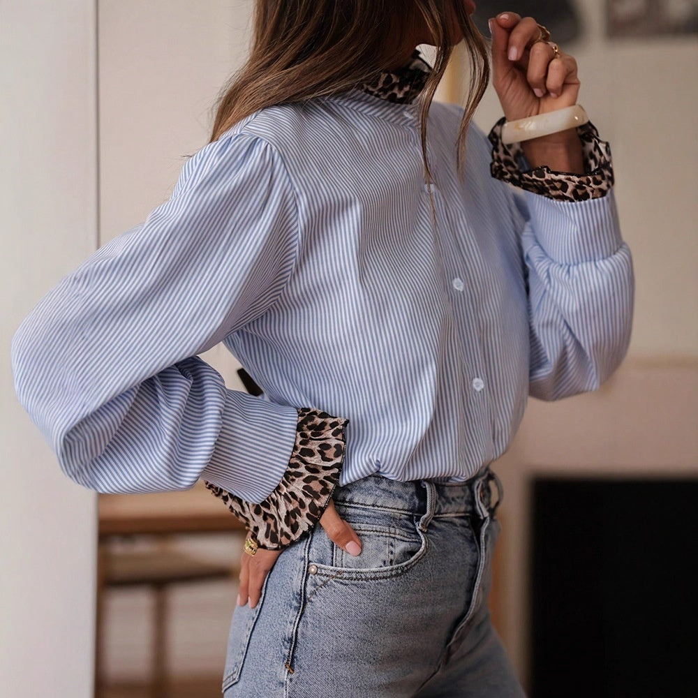 Elegant afslappet stribet leopardprint patchwork-bluse til kvinder