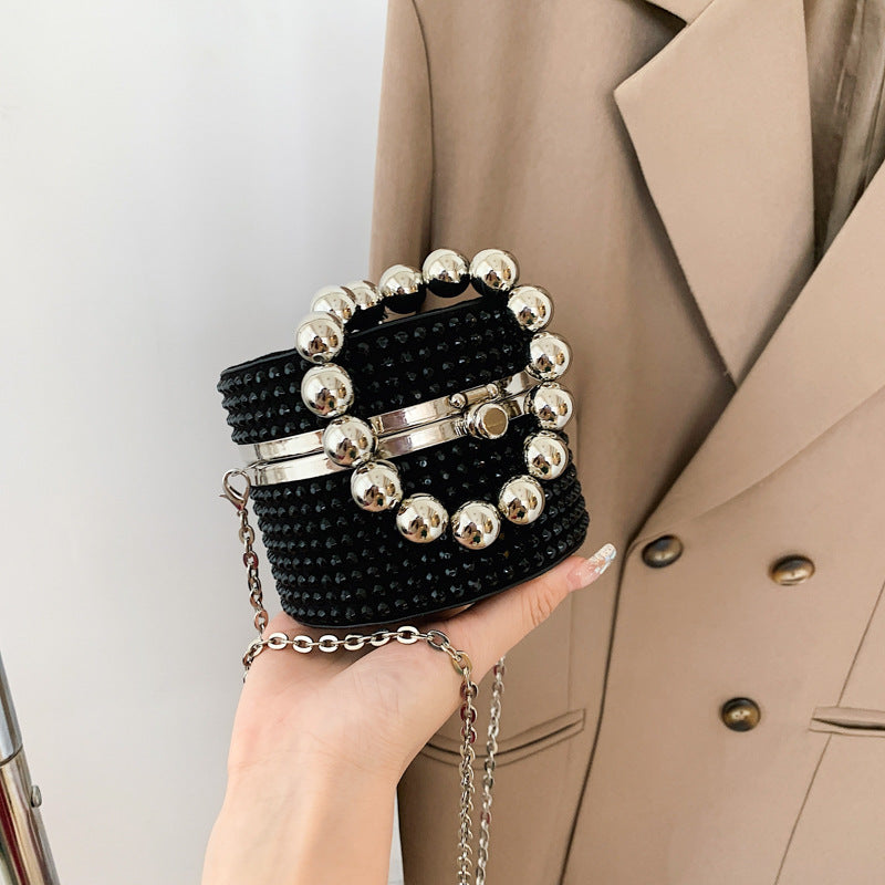 Fashion Rhinestone Personality Ins Chain Pearl Oblique Body Cylinder Bag Female