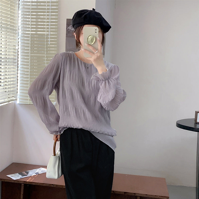 Pleated Bell Sleeve Chiffon Shirt Loose Long Sleeve Top