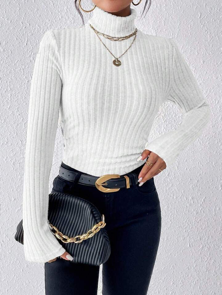 Autumn And Winter V-neck Long Sleeve Brushed Sunken Stripe Knitted Top