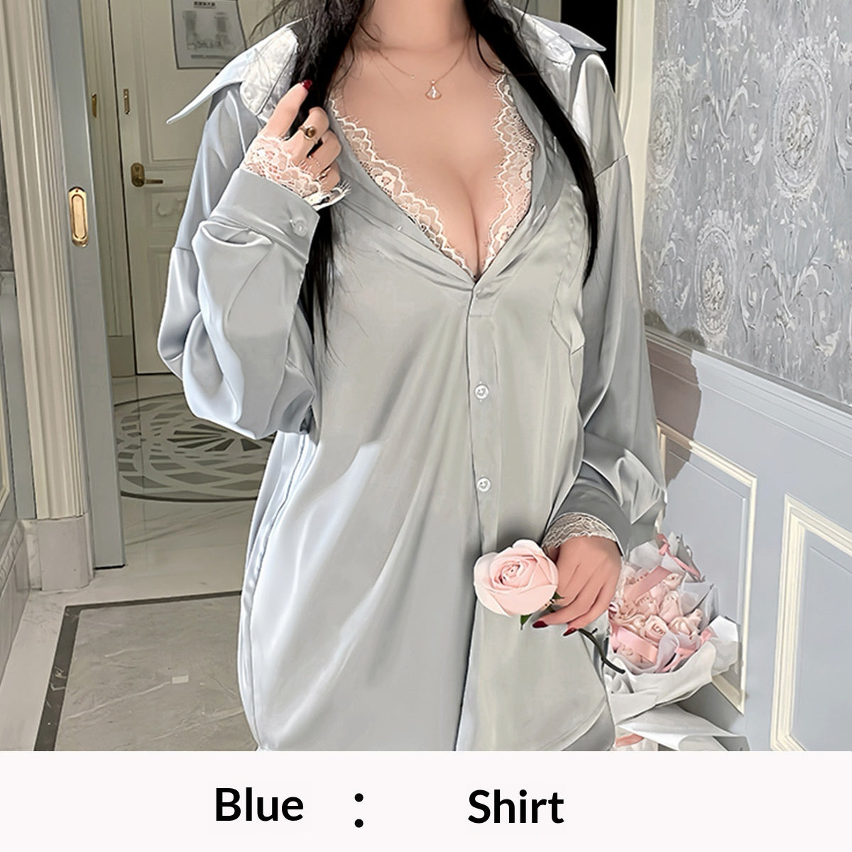 Ziqu Womens Plus-Size Lace Fake Two-Piece Pajama Set