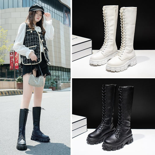 Round Toe Cross Strap Platform Flat-heel Martin Boots