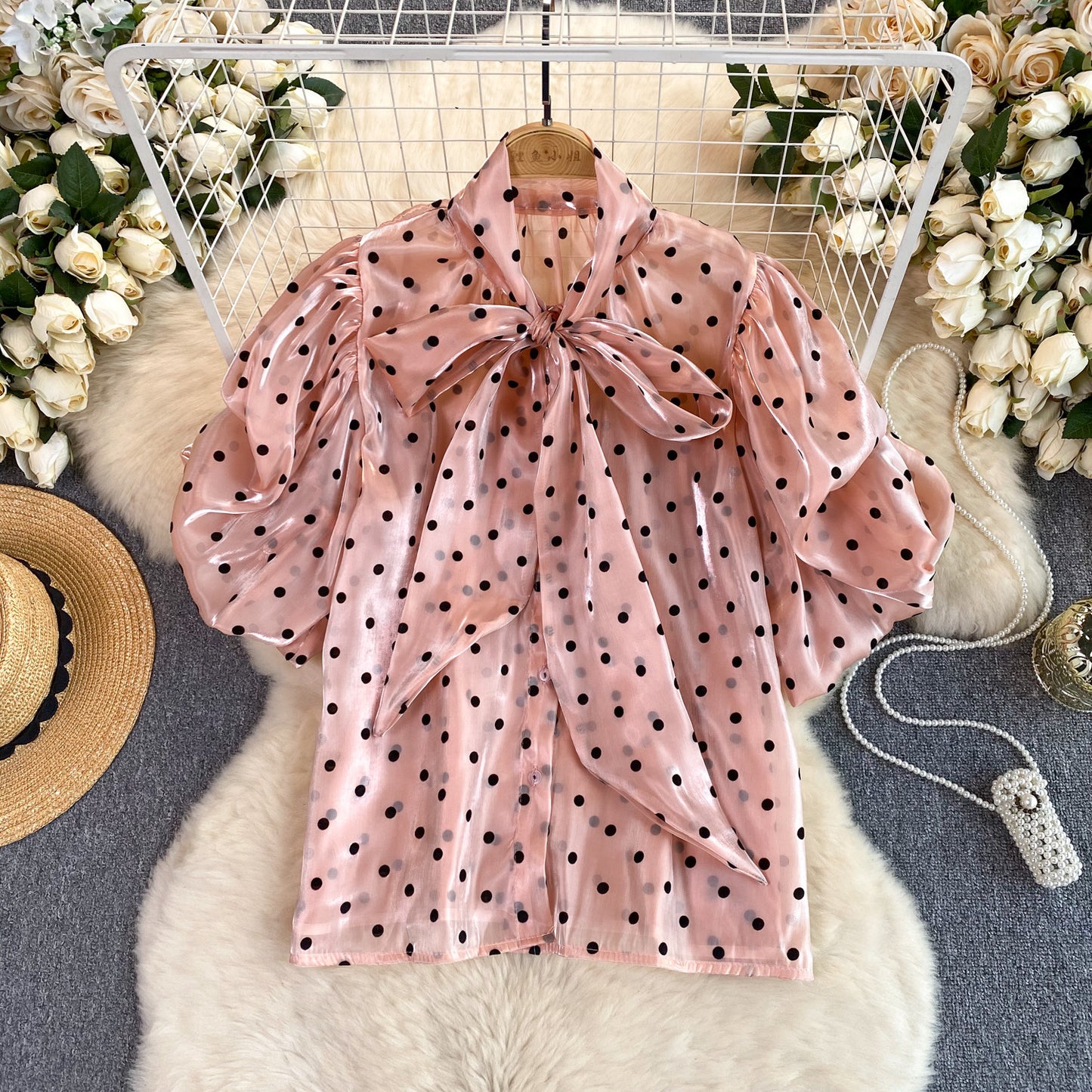 French Style Retro Dots Shirt Female Sweet Bow Collar