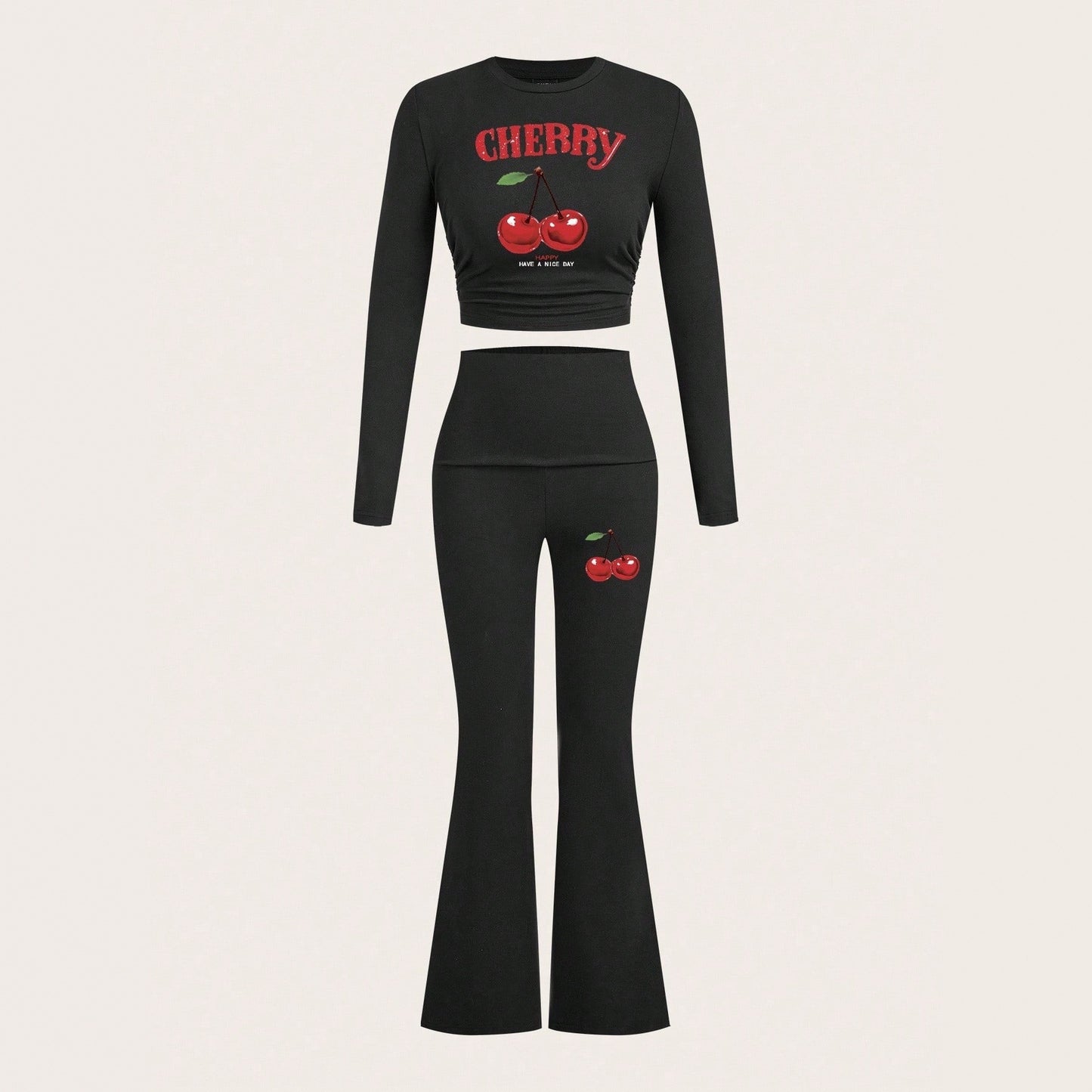 Sporty Retro Printed Stretchy Minimalist Long Sleeve Top And Pants Set For Women
