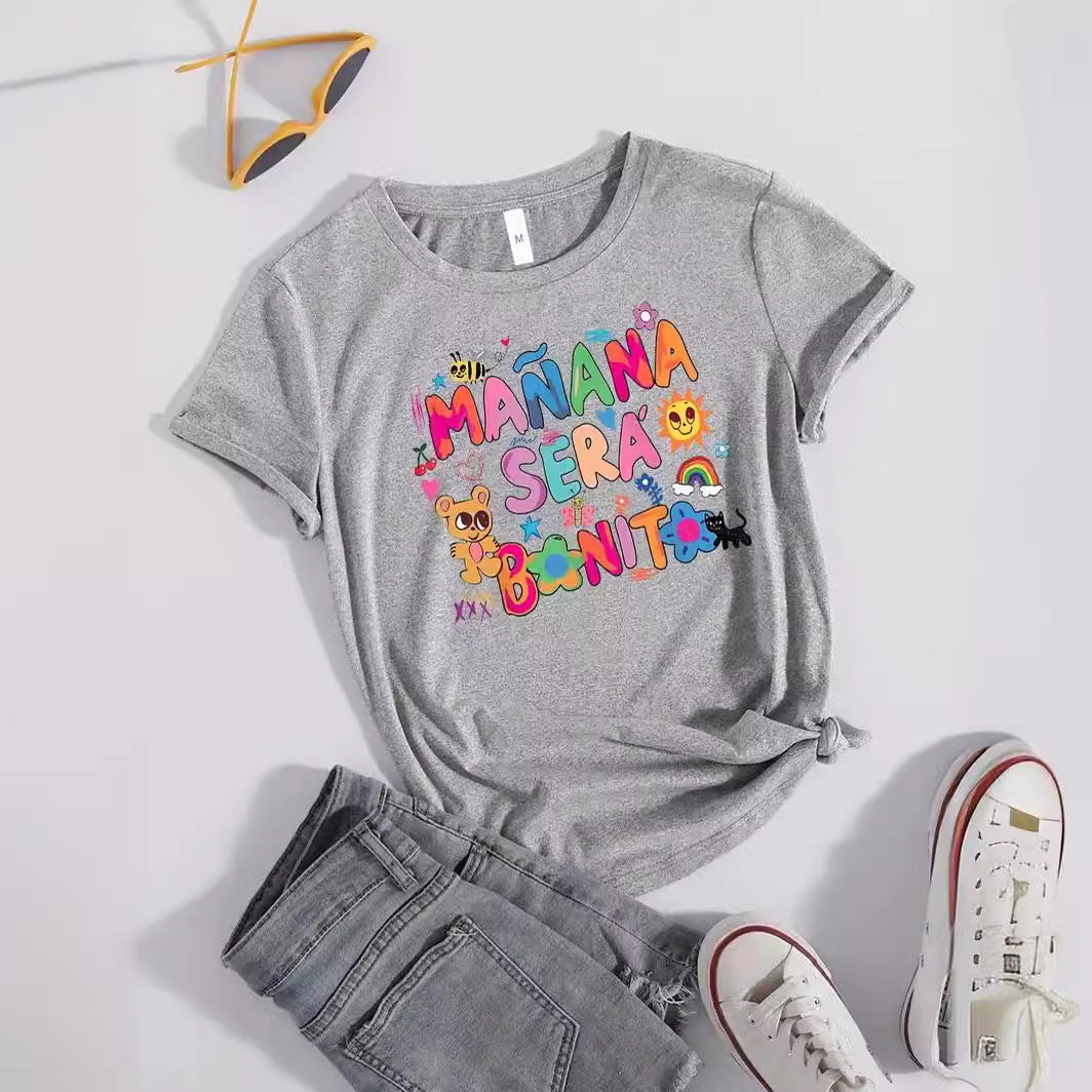 Round Neck Bear Letter Pattern Printed Short Sleeve