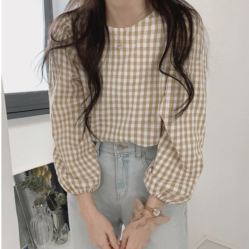 Plaid Women's Long-sleeve Top Early Autumn Arrival Crew Neck