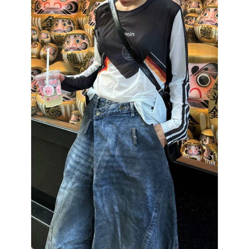 Retro Distressed Washed Reverse Waist Jeans